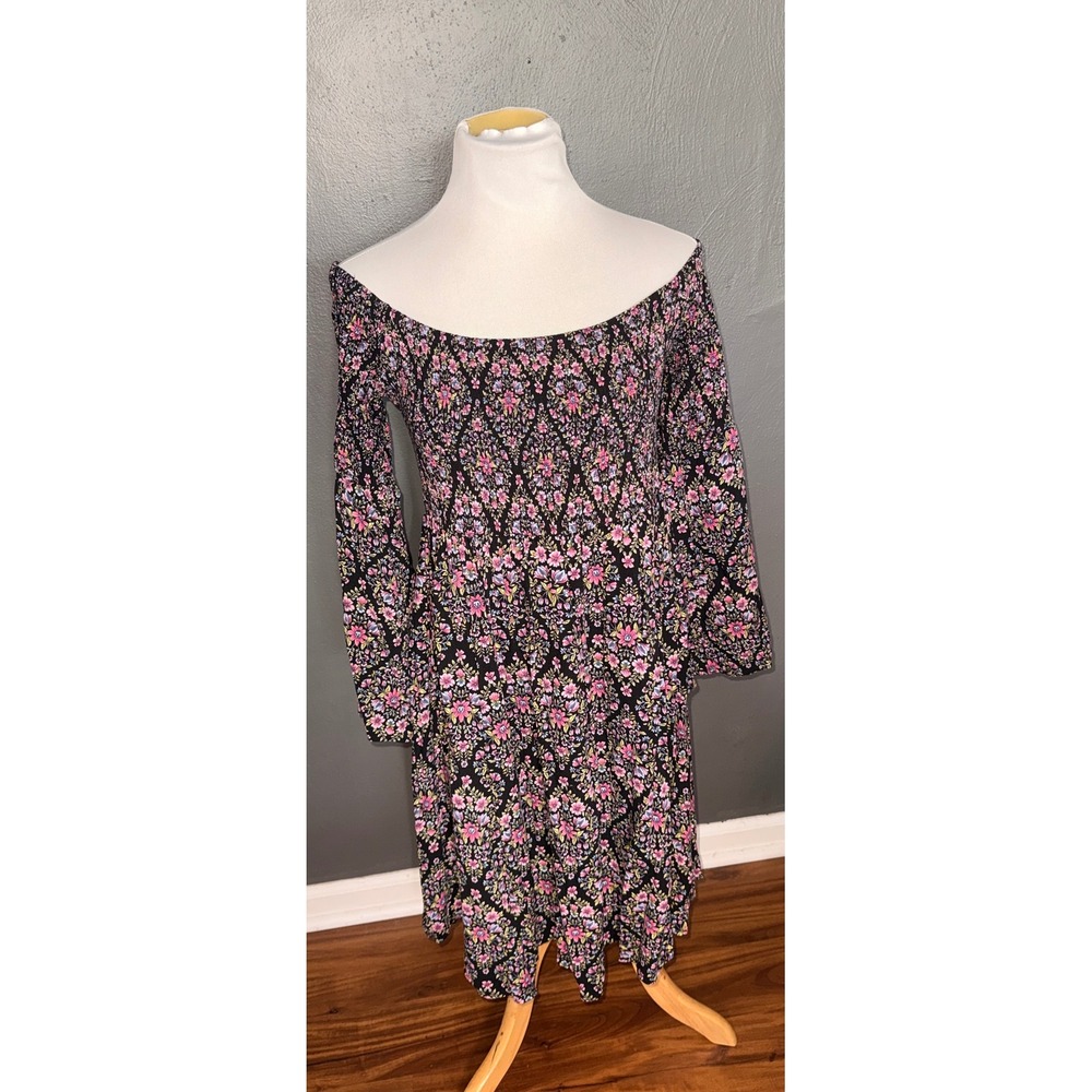 Torrid Womens Black Pink Floral Smocked Off The Shoulder Bell Sleeve Mini Dress